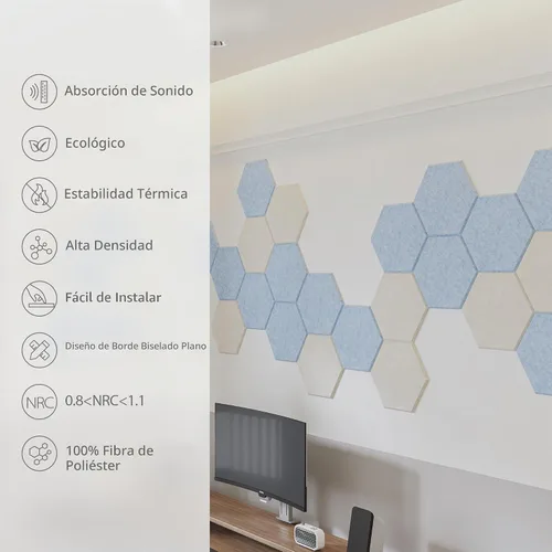Vista 5 de Amantech - Paquete de 12 paneles acústicos autoadhesivos de espuma acústica a prueba de sonido, alta densidad, hexagonales, 12 x 10.23 x 0.4 Beige
