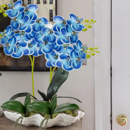Vista 3 de Orquídeas azules de 30 pulgadas, flores artificiales de tacto real Phalaenopsis en aerosol, tallos de orquídeas artificiales falsas, arreglo alto