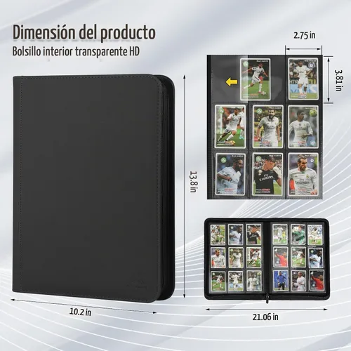 Vista 2 de Carpeta para tarjetas de 9 bolsillos, capacidad 540 con cierre de cremallera, de doble cara, resistente y elegante, protector de piel sintética