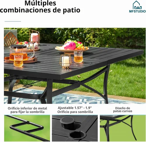 Vista 5 de MFSTUDIO Mesa de comedor al aire libre cuadrada de 60" de metal, mesa grande de patio con 8 plazas y agujero ajustable para sombrilla para terraza
