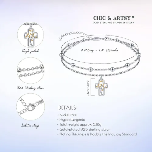 Vista 72 de CHIC & ARTSY Tobilleras de plata de ley S925 para mujer, pulsera de tobillo ajustable multicapa para playa, joyería de verano para mujer, de 10 a 11