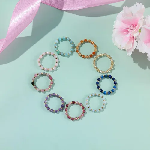 Vista 5 de Anillo de cuentas de cristal, piedras preciosas naturales, amatista, cuarzo rosa, aguamarina, turmalina, ojo de tigre, minimalista, anillo apilable