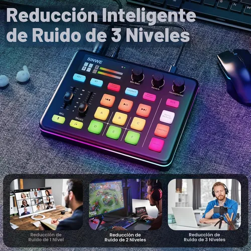 Vista 4 de [Usado] Mezclador de audio para gaming SINWE G1, interfaz de audio RGB con preamplificador profesional, Bluetooth, mezclador de PC para streaming