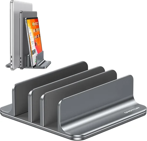 Vista 10 de OMOTON Soporte vertical para computadora portátil [versión doble actualizada], soporte de escritorio de aluminio para Mac Book con base ajustable