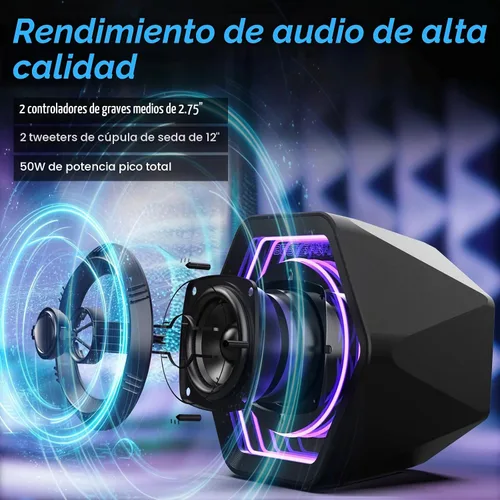 Vista 3 de Altavoces para juegos de computadora, altavoces de escritorio activos de 50 W con espejo infinito túnel 3D RGB (8 modos), Bluetooth 5.3, entrada