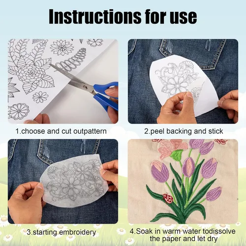 Vista 4 de Estabilizador soluble en agua para bordado, adhesivo de papel de bordado para pegar y puntar, estabilizador de bordado con patrones de flores