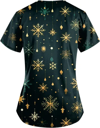 Vista 2 de Camisetas de Navidad para mujer, talla grande, estampado de Navidad, manga corta, cuello en V, uniforme de enfermera, con 2 bolsillos