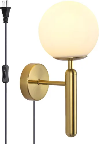 Vista 13 de KCO Lighting - Juego de dos apliques de pared de latón con forma de globo de vidrio de leche, aplique de pared dorado cepillado, modernos accesorios