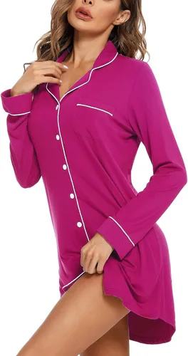 Vista 52 de Samring Camisón de pijama para mujer, manga corta/larga, con botones, camisón para dormir, camisón para novio, talla XXL