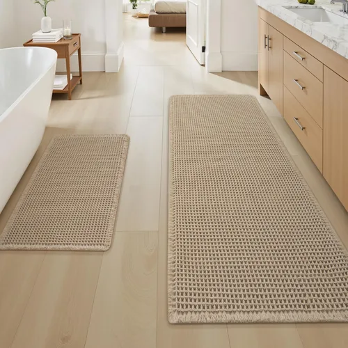 Vista 75 de AMOAMI Tapete de baño mejorado con diseño de gofre, súper absorbente, antideslizante, para suelo de baño, lavable a máquina, con borlas, tapetes