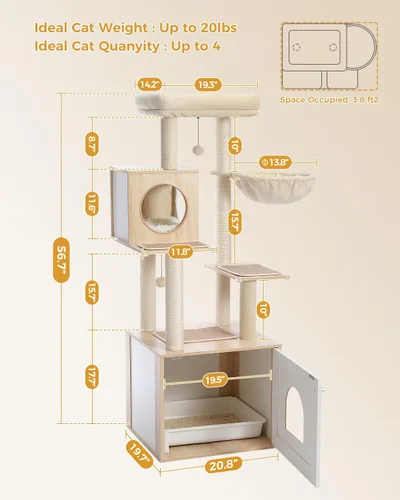 Vista 7 de PETEPELA Árbol para gatos de 56.7 pulgadas con caja de arena, torre grande de madera para gatos de interior con armario de almacenamiento y acogedor