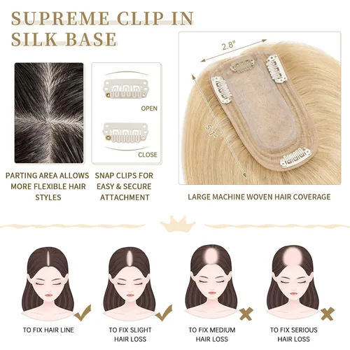 Vista 31 de Hairro Toppers de cabello humano 100% real para mujeres sin flequillo, postizos de cabello real con clip, base de seda transpirable para cubrir