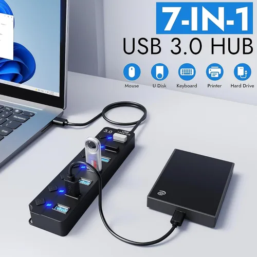 Vista 2 de Hub USB 3.0 – Hub USB 3.0 de 7 puertos con interruptores individuales de encendido/apagado y luces – Cable de 3.2 pies/3.3 ft de largo de alta