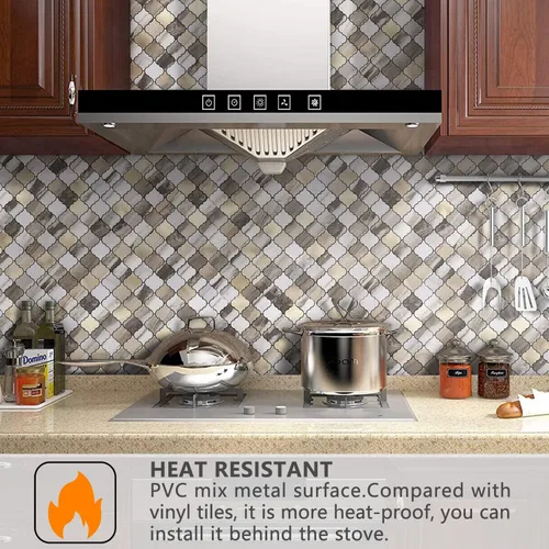 Vista 2 de STICKGOO Azulejo árabesco para salpicaduras de pelar y pegar, para salpicaduras de cocina y baño, grano de madera dorada con aspecto de mármol, PVC