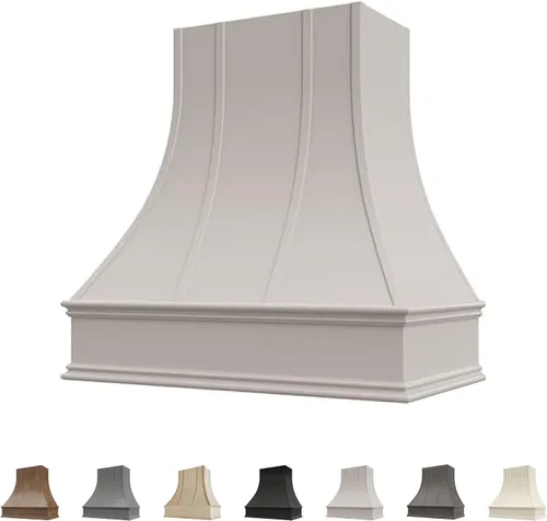Vista 10 de Cubierta curvada para campana extractora de nogal americano con molduras decorativas, cubiertas de madera para campana extractora de pared, madera