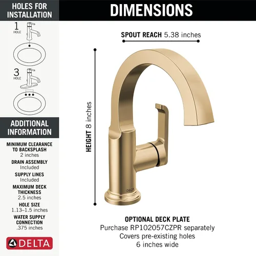 Vista 2 de Delta Grifo de baño Tetra Gold de un solo agujero, grifo de baño dorado de una sola manija, grifo de lavabo de baño, tecnología de sello