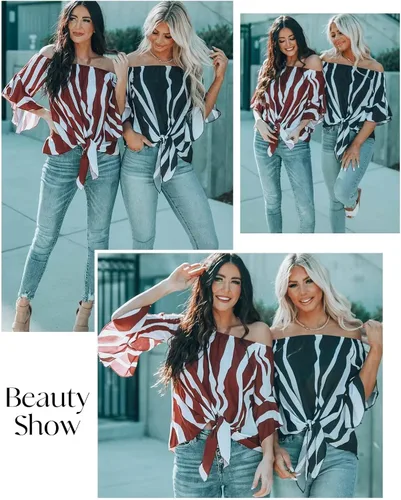 Vista 5 de Asvivid - Blusas veraniegas de hombros descubiertos, con mangas de 34 acampanadas, lazo decorativo y estampado floral, para mujer, camiseta