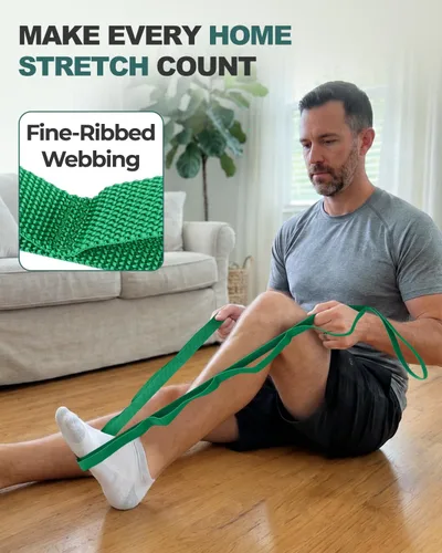 Vista 5 de Trideer Stretching Strap with Loops & Leg Lifter, Non-Elastic PT-Style Physical Therapy Strap for Knee Replacement Rehab, Hamstring, Calf & Back