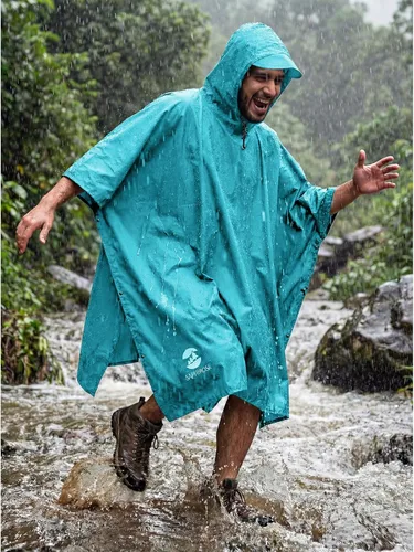 Vista 2 de SaphiRose Poncho de lluvia con capucha, impermeable, para hombres, mujeres y adultos Algas Azul 1 Pack