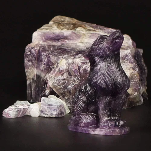 Vista 3 de Artistone Figuras de lobo de cristal de amatista de 2.0 pulgadas, regalo de piedras preciosas talladas a mano, estatua de lobos, tallas de animales