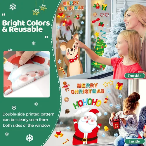 Vista 6 de Adhesivos de ventana de Navidad, 9 hojas de calcomanías de ventana de Navidad, Papá Noel, muñeco de nieve, reno, copo de nieve de Navidad