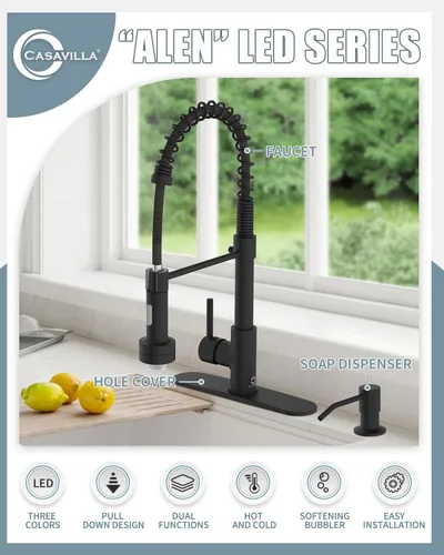 Vista 2 de Llave de cocina negra con luz LED, llave de cocina con dispensador de jabón, llave para fregadero de cocina, llave de cocina de acero inoxidable