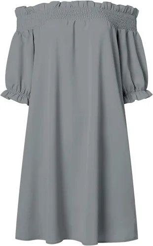 Vista 2 de YOINS Mini vestidos casuales para mujer, color liso, hombros descubiertos, túnica de manga corta, suelto, camiseta de verano, blusa, mini vestido