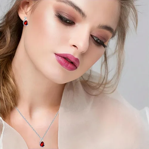 Vista 6 de la luen Collares de piedra natal de lágrima para mujeres y niñas, juego de aretes colgantes de diamantes de imitación ovalados con diamantes