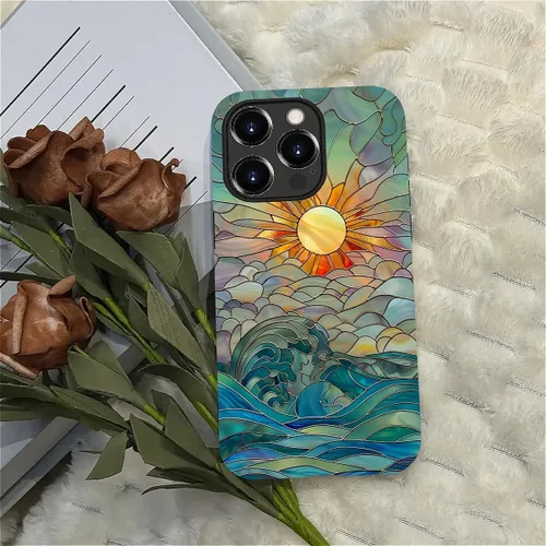 Vista 5 de DAIZAG Funda compatible con iPhone 15 Pro Max, Rayos de Sol Olas del Océano Vidrio Manchado Patrón Completo Plástico Suave TPU Anti-Caídas, Doble