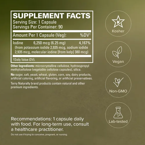 Vista 5 de Terry Naturally Tri-Yodine 6.25 mg - Suplemento para la salud de la tiroides - 90 unidades Yodo. Apoyo al equilibrio hormonal y tiroideo. 90