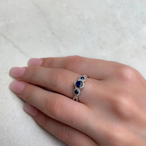 Vista 5 de Anillos de compromiso de oro blanco macizo de 10 quilates con zafiro azul de corte redondo para mujer, con engaste de garra de aniversario y boda