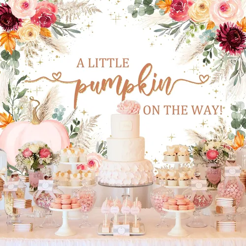 Vista 3 de Mocsicka Telón de fondo para baby shower, calabaza rosa burdeos, fondo de baby shower, decoración de fiesta con texto en inglés "A Little Pumpkin is