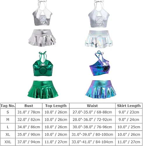 Vista 4 de Conjunto de ropa de fiesta para mujer, con tirantes holográficos, top halter con volantes, minifalda metálica para festivales