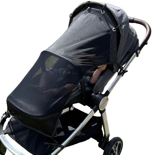 Vista 9 de Extensor de parasol para cochecito – Cubierta universal con clip para cochecito de bebé, protección UV, malla transparente transpirable, ajuste