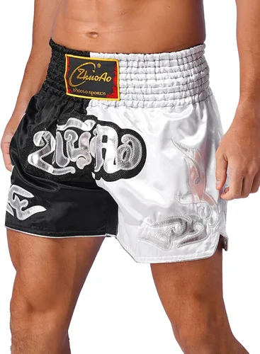 Vista 3 de QinCiao Pantalones cortos de boxeo Muay Thai para hombre, pantalones cortos de kickboxing, artes marciales, entrenamiento, gimnasio, entrenamiento