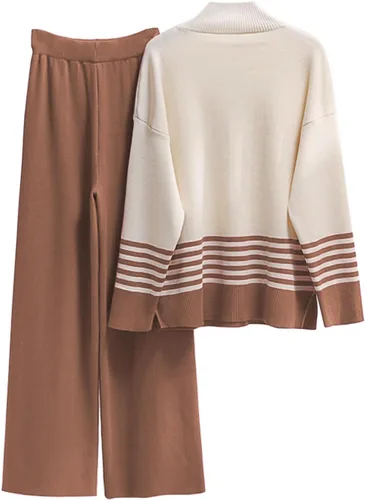 Vista 2 de Bufushaoh Conjunto de 2 piezas para mujer, de punto, de manga larga, a rayas, sin botones y pantalones de pierna ancha