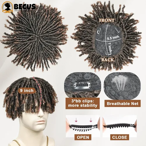 Vista 6 de BECUS Peluca de pelo marrón con rastas para hombres y mujeres negros, peluca corta trenzada sintética para uso diario, fiesta de cosplay (marrón)