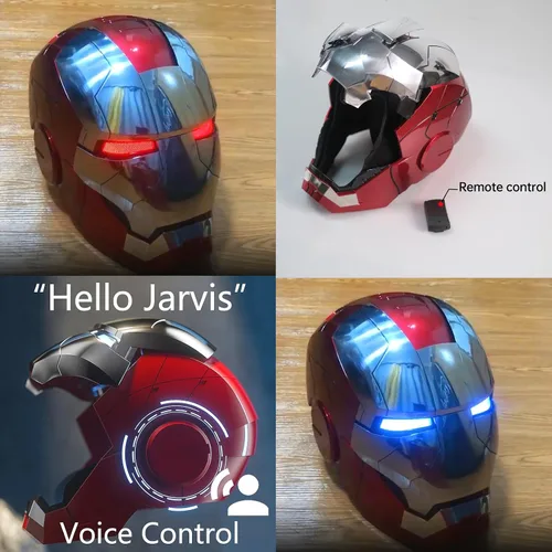 Vista 4 de Iron-Mans Casco electrónico Mark 5 casco plateado control de vozdeteccióncontrol remoto de aperturacierre con sonidos y ojos LED iluminados Super