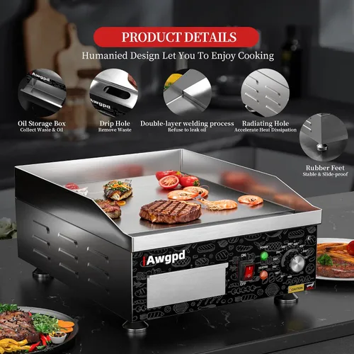 Vista 3 de Plancha eléctrica comercial de 14 pulgadas, plancha eléctrica de encimera plana, parrilla eléctrica superior plana de 110 V 1800 W, parrilla