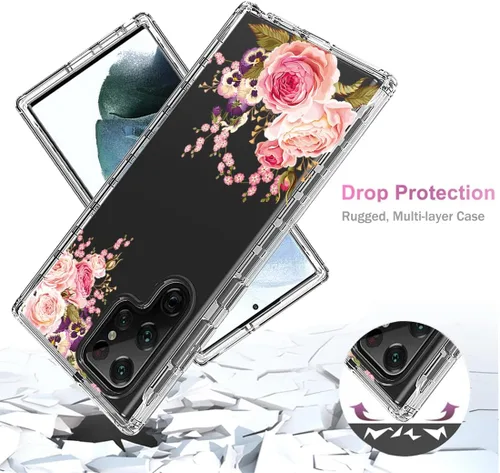 Vista 7 de Funda para Galaxy S22 Ultra, SM-S908U con protector de pantalla de vidrio templado, cuerpo completo transparente con protección de diseño floral