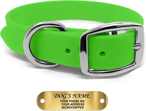 Vista 23 de Regal Dog Products Collares de perro pequeños negros impermeables con placa de nombre personalizada grabada Collar de perro de Biothane