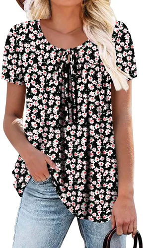 Vista 26 de BETTE BOUTIK Blusas de verano para mujer, plisadas, de manga corta, con cordón, cuello redondo, tallas S-3XL