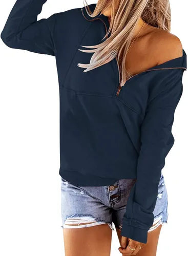 Vista 2 de Floral Find Women's Long Sleeve Lapel Half Zip Up Sweatshirt Solid Stylish Loose Fit Casual Pullover Tops B-Azul marino
