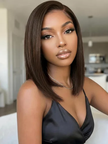 Vista 30 de KLAIYI Peluca de cabello humano con encaje frontal precortada 7x5, corte Bob en capas, corte romo, cordón sin pegamento, peluca predepilada