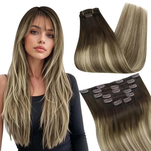 Vista 23 de Ugeat Extensiones de cabello humano con clip de 12 pulgadas, extensiones de cabello balayage con clip, marrón chocolate ombre, extensiones
