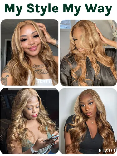 Vista 6 de KLAIYI Bye Bye Knots Peluca Sin Pegamento Ombre Highlight Rubio Body Wave Precortada 7x5 Encaje Frontal Pelucas Cabello Humano Pre Plucked Body Wave