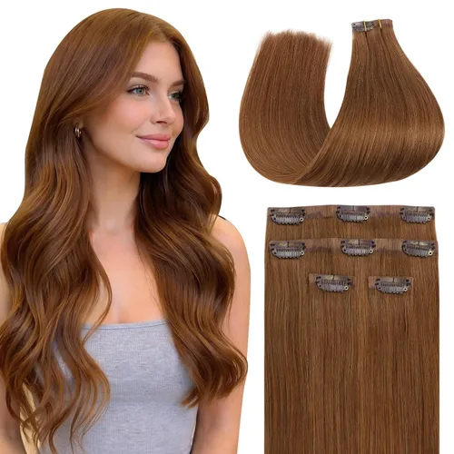 Vista 24 de Full Shine Extensiones de Cabello Rubio con Clip Reflejos Cabello Humano Extensiones con Clip Rubio Ceniza Mezcla Rubio Decolorado PU Extensiones