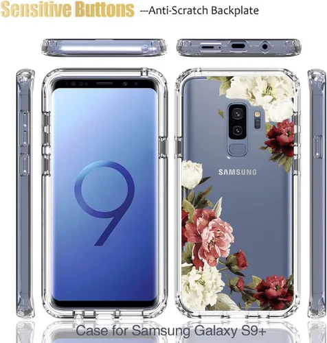 Vista 5 de Funda protectora para Samsung Galaxy S9+ G965U con protector de pantalla de vidrio templado, lindo patrón floral transparente de cuerpo completo