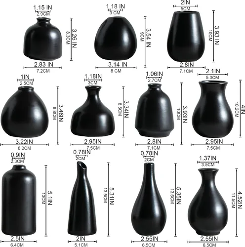 Vista 4 de Tanvecle Juego de 11 Jarrones de Cerámica Negra para Capullos, Jarrones Pequeños para Hierba de las Pampas, Flores, Mini Jarrones para Decoración
