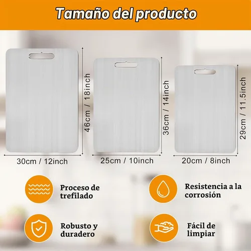 Vista 4 de Juego de 3 tablas de cortar de titanio, 3 tablas de cortar de acero inoxidable, tablas de cortar antiadherentes de doble cara de grado alimenticio